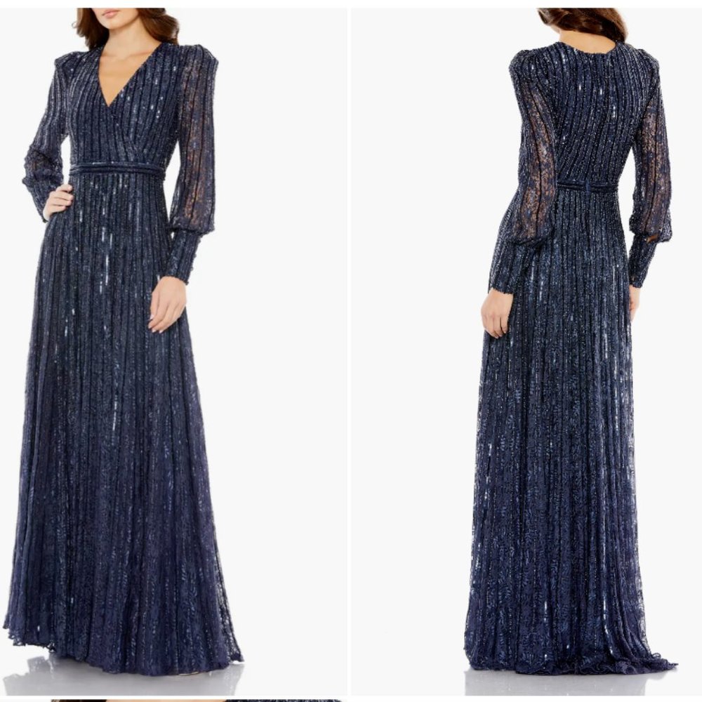 MAC DUGGAL 93679 BEADED LACE LONG SLEEVE WRAP OVER MIDNIGHT NAVY GOWN sz 18